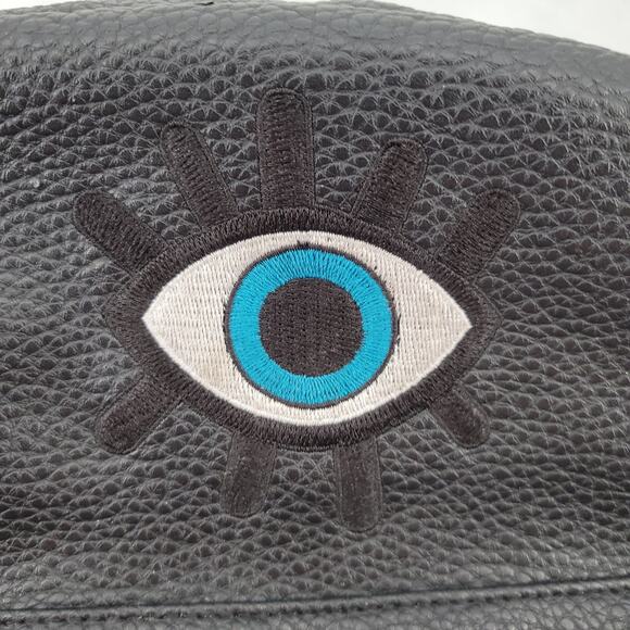 Black Faux Vegan Leather Backpack Applique Heart Lips Eye Flower Kidcore‎ Funky - Picture 2 of 11